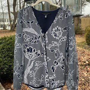 Pretty WHBM top, navy and white floral pattern, long sheer sleeves